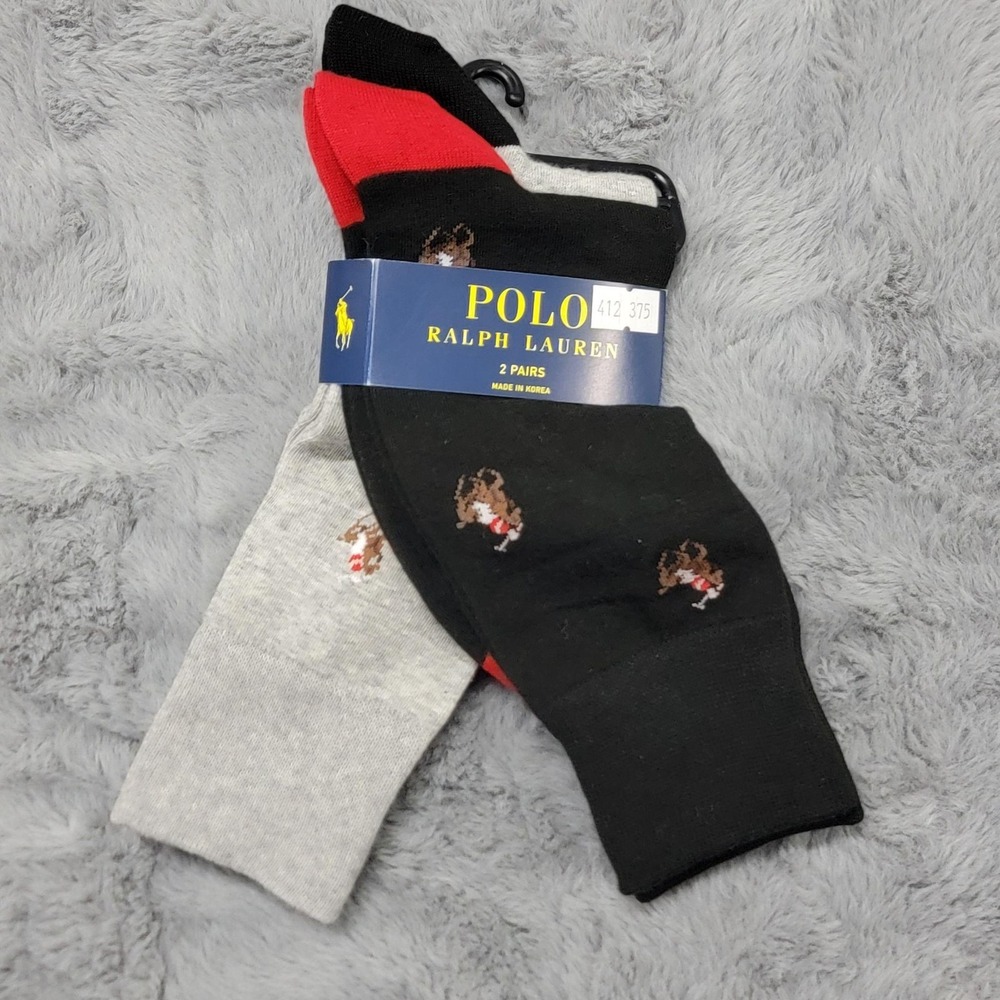 Polo Ralph Lauren Socks Mens 10-13 Black Gray Pony Rider Crew 2 Pairs Mid Calf